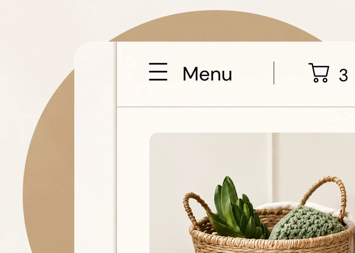 A cropped digital storefront interface showing a 'Menu' tab and a shopping cart count of 3, with a small inset photo of a woven basket holding green succulents and a green knit item on a warm beige background.