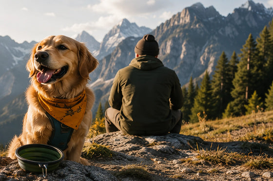 A golden retriever dog wearing an orange bandana sits in the foreground with a green pet bowl, while a person in an olive green jacket and dark beanie sits on a rock in the background, overlooking a mountain landscape.