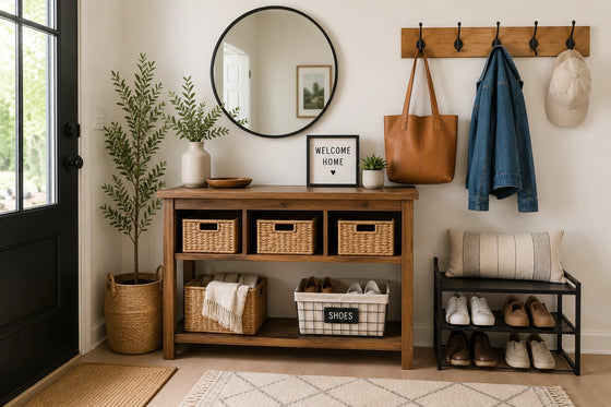 A styled entryway featuring a wooden console table with woven storage baskets, a round black-framed mirror, a wooden coat rack with a tote bag, denim jacket, and hat, alongside a shoe rack and potted plants.
