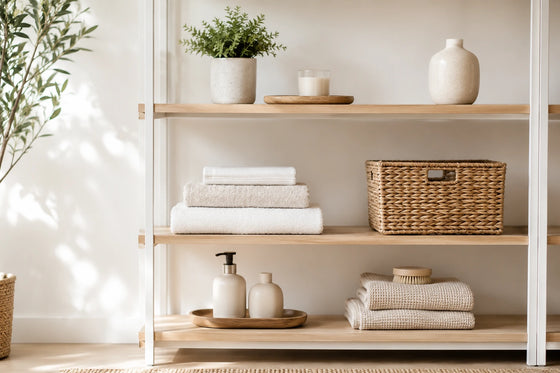 A styled interior shelving scene with light wood shelves and white frame supports, holding folded white towels, a woven storage basket, small ceramic bottles, a potted green plant, and a cream vase against a warm off-white wall.