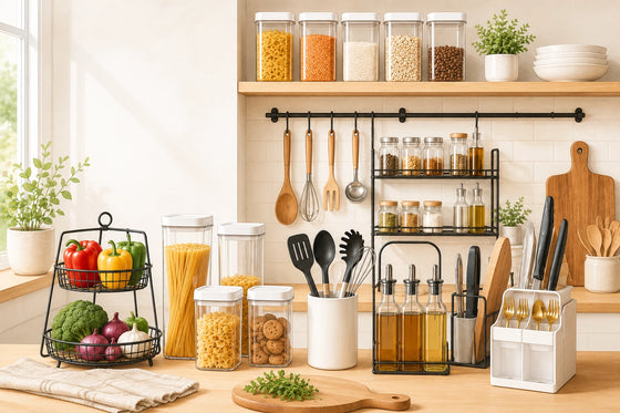 A beautifully styled kitchen countertop and wall shelf setup with clear storage jars of pasta and grains, glass oil bottles, hanging wooden utensils, a black spice rack, a white knife block, and fresh vegetables on a wooden cutting board and wire stand.