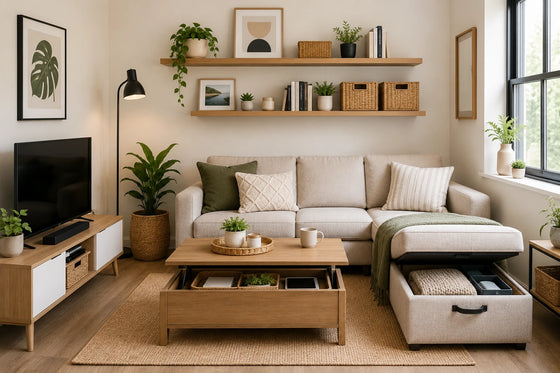 A modern, cozy living room featuring a light beige sectional sofa with an ottoman seat open to reveal storage, a wooden coffee table, a TV stand, and wall shelves with plants and decor.